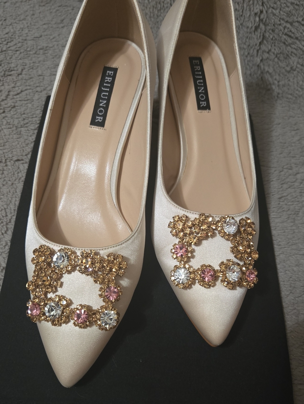 Soft Cream Satin Pointed Toe Low Heel Flats with Gold & Pink Crystal Buckle